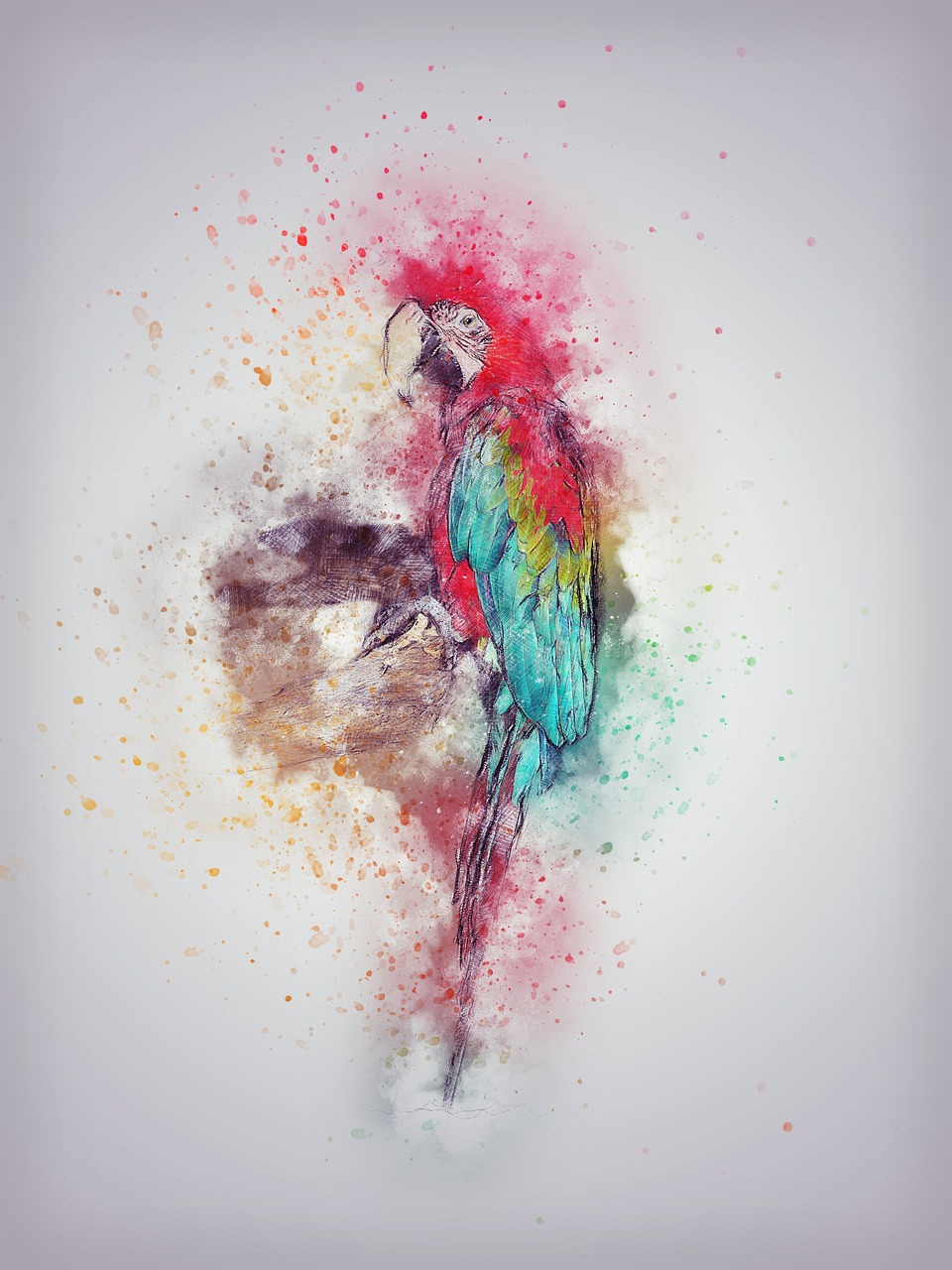parrot, bird, feathering, art, abstract, nature, animal, watercolor, vintage, artistic, design, t-shirt, aquarelle, paint splatter, digital art, digital paint, drawing